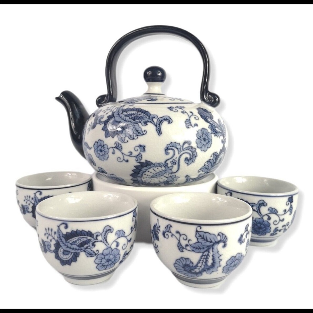 Pier 1 Black and White Floral Tea Set